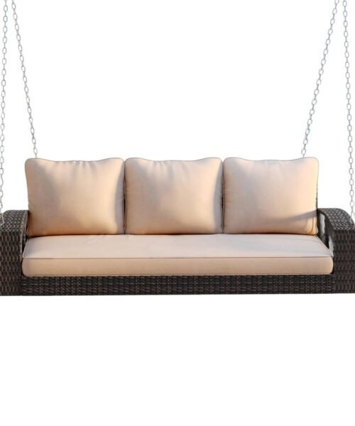 69″ Brown Woven Rattan Outdoor Swing Chair with Beige Cushions