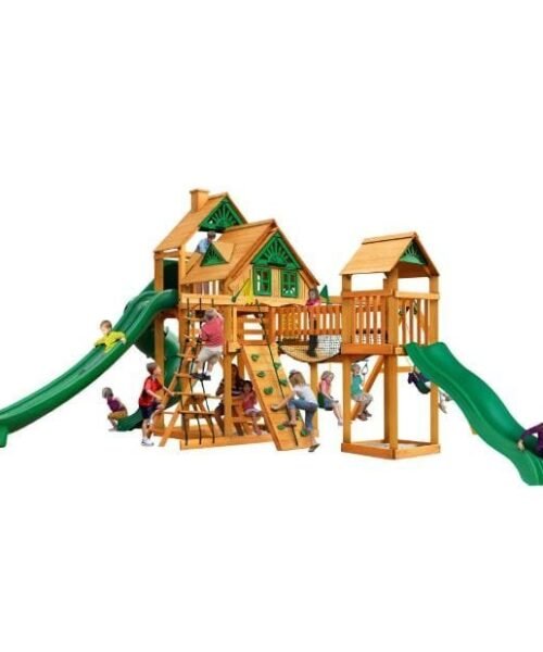 Gorilla Playsets Mountaineer Treehouse Wooden Swing Set with Tube Slide, Rope Ladder, and Sandbox