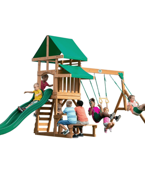 Canyon Creek All Cedar Swing Set Playset w/ Rockwall Upper Fort Belt Swings Web Swing Gray Wave Slide, and Play Kitchen