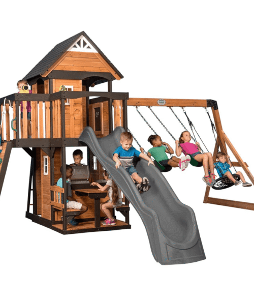 Canyon Creek All Cedar Swing Set Playset w/ Rockwall Upper Fort Belt Swings Web Swing Gray Wave Slide, and Play Kitchen